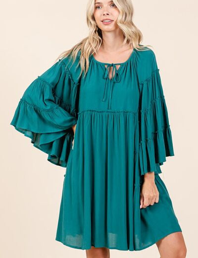 Mittoshop Frill Tie Neck Bell Sleeve Dress Teal Green