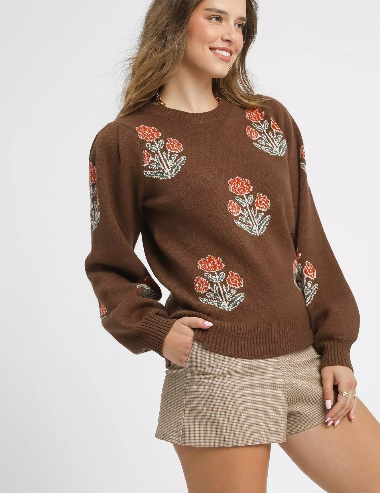 Umgee Floral Knit Sweater with Puff Sleeves | Daverri Fashions