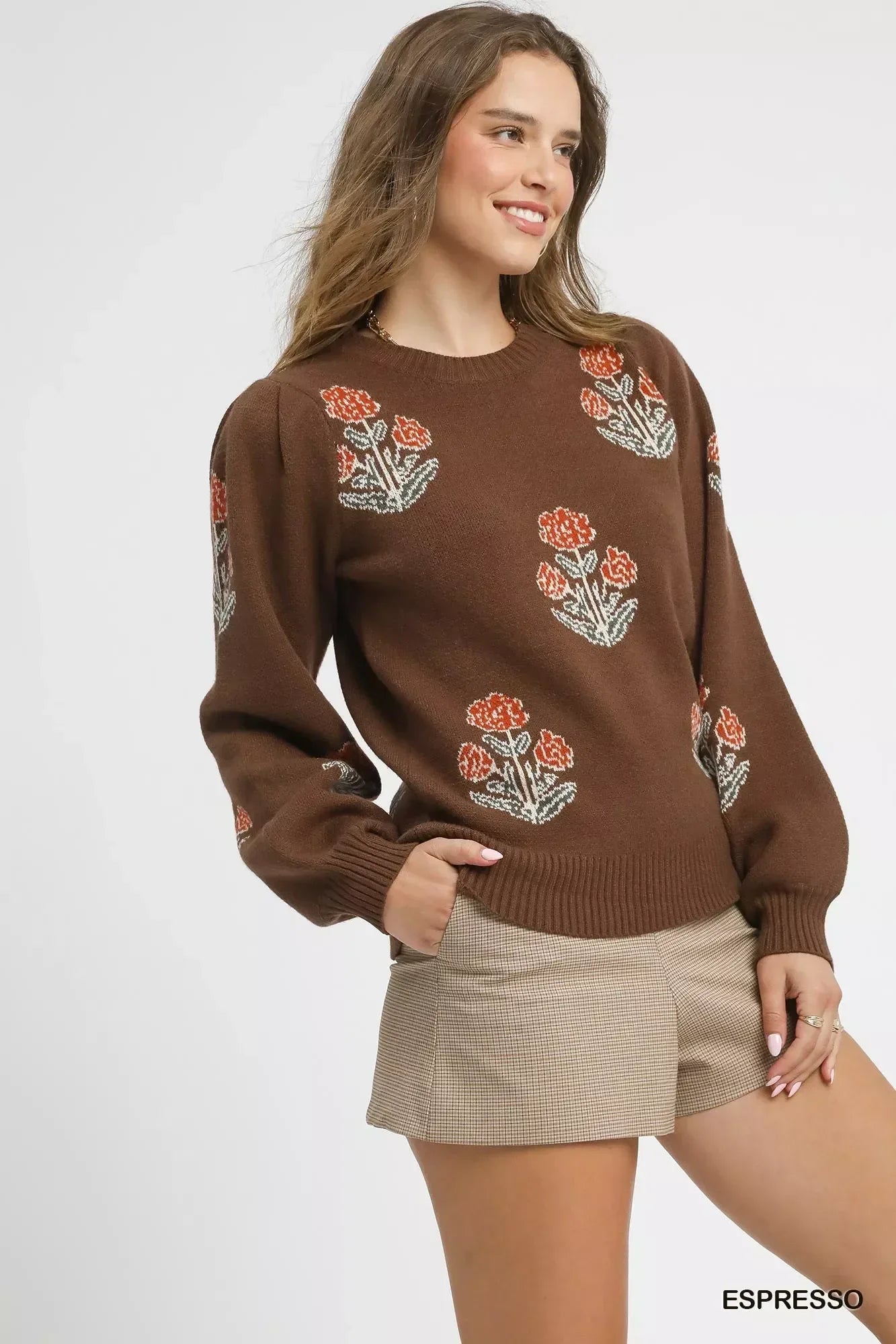 Umgee Floral Knit Sweater with Puff Sleeves - DAVERRI FASHIONS