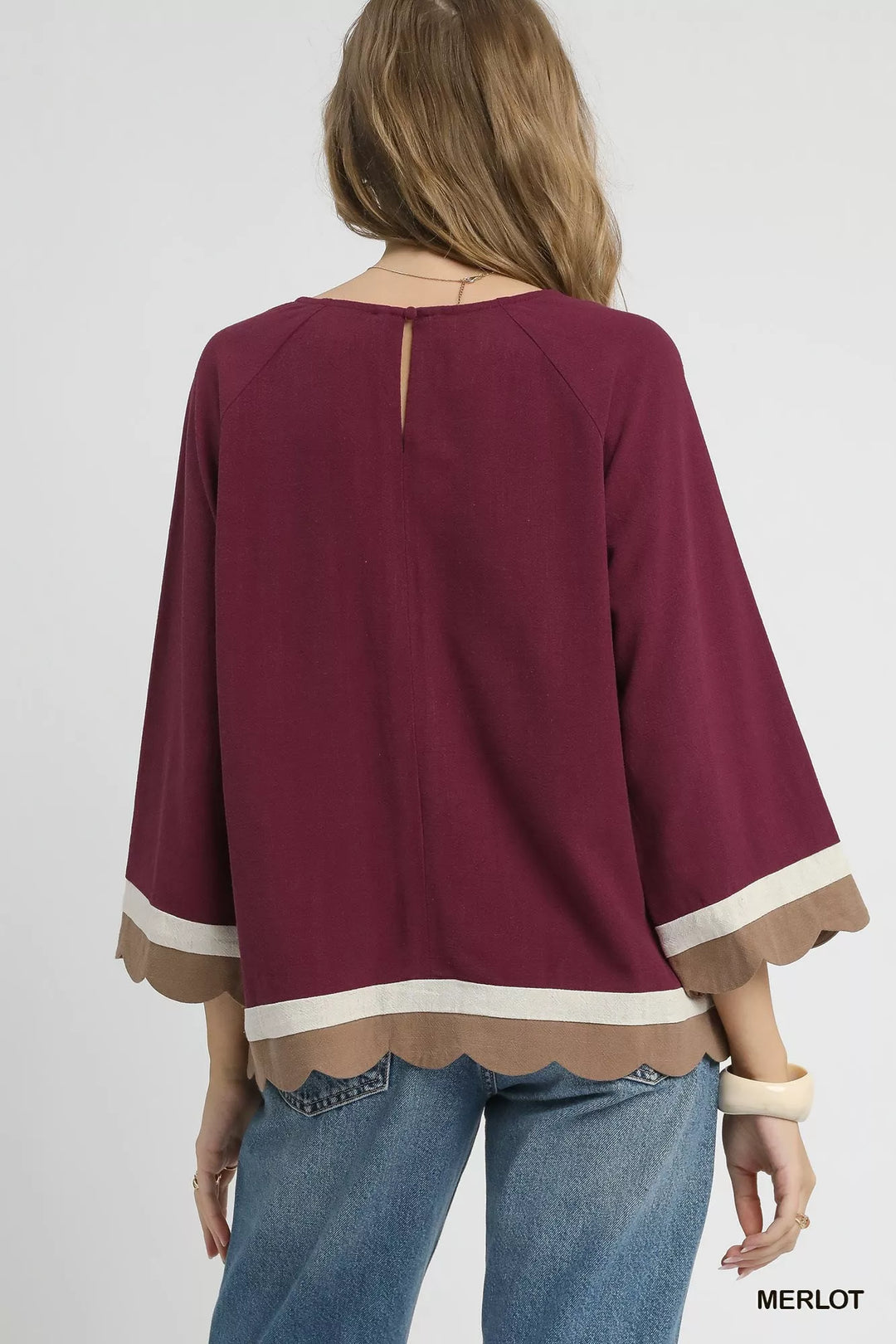 Umgee Scalloped Hem Color Block Top | Blouses Daverri Fashions