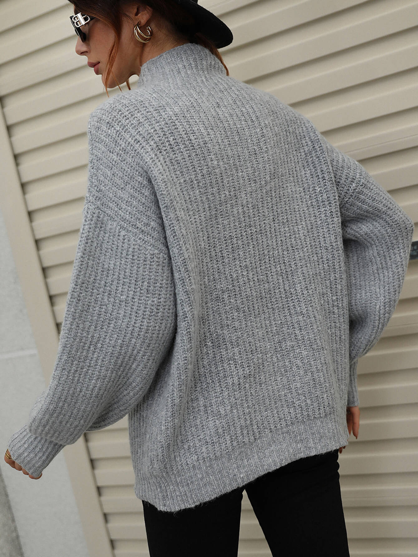 Daverri high neck balloon sleeve rib-knit pullover in cozy heather gray