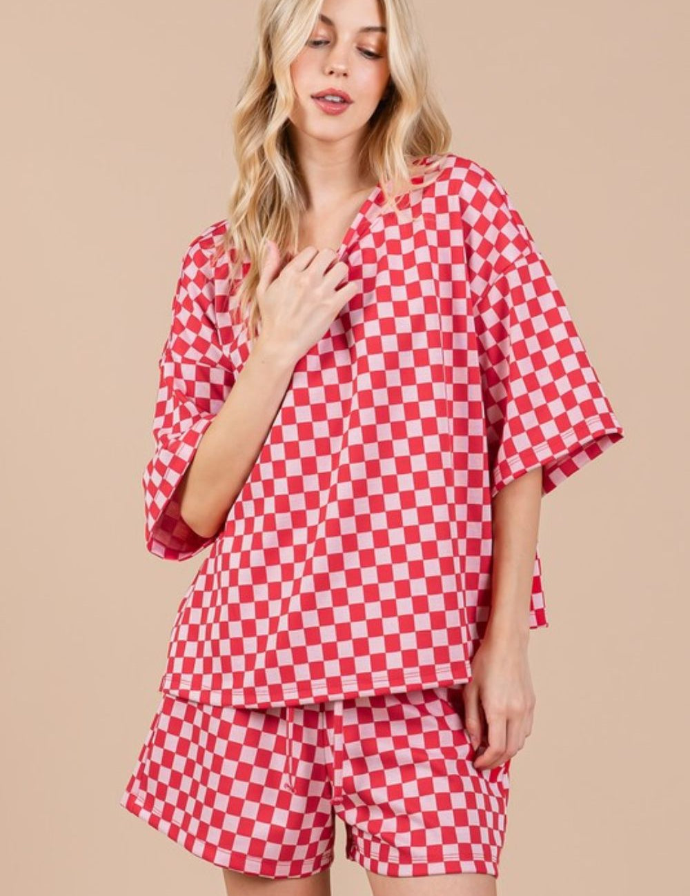 Ces Femme Checkered Round Neck Top and Shorts Set