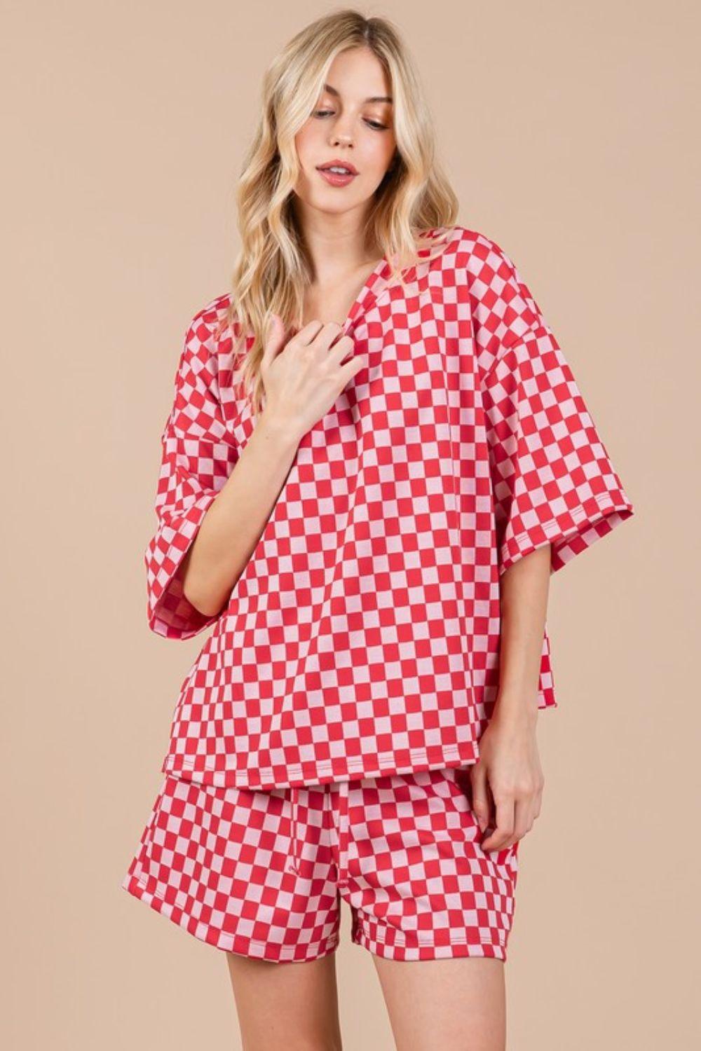 Ces Femme Checkered Round Neck Top and Shorts Set Outfit Sets