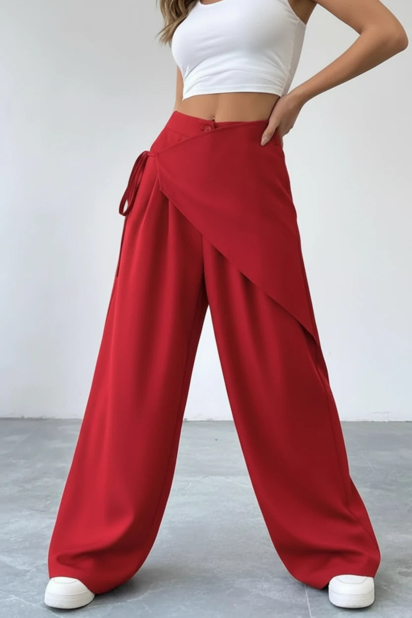 Daverri Wrap-Front Wide-Leg Pants in red with draped asymmetrical design and side tie