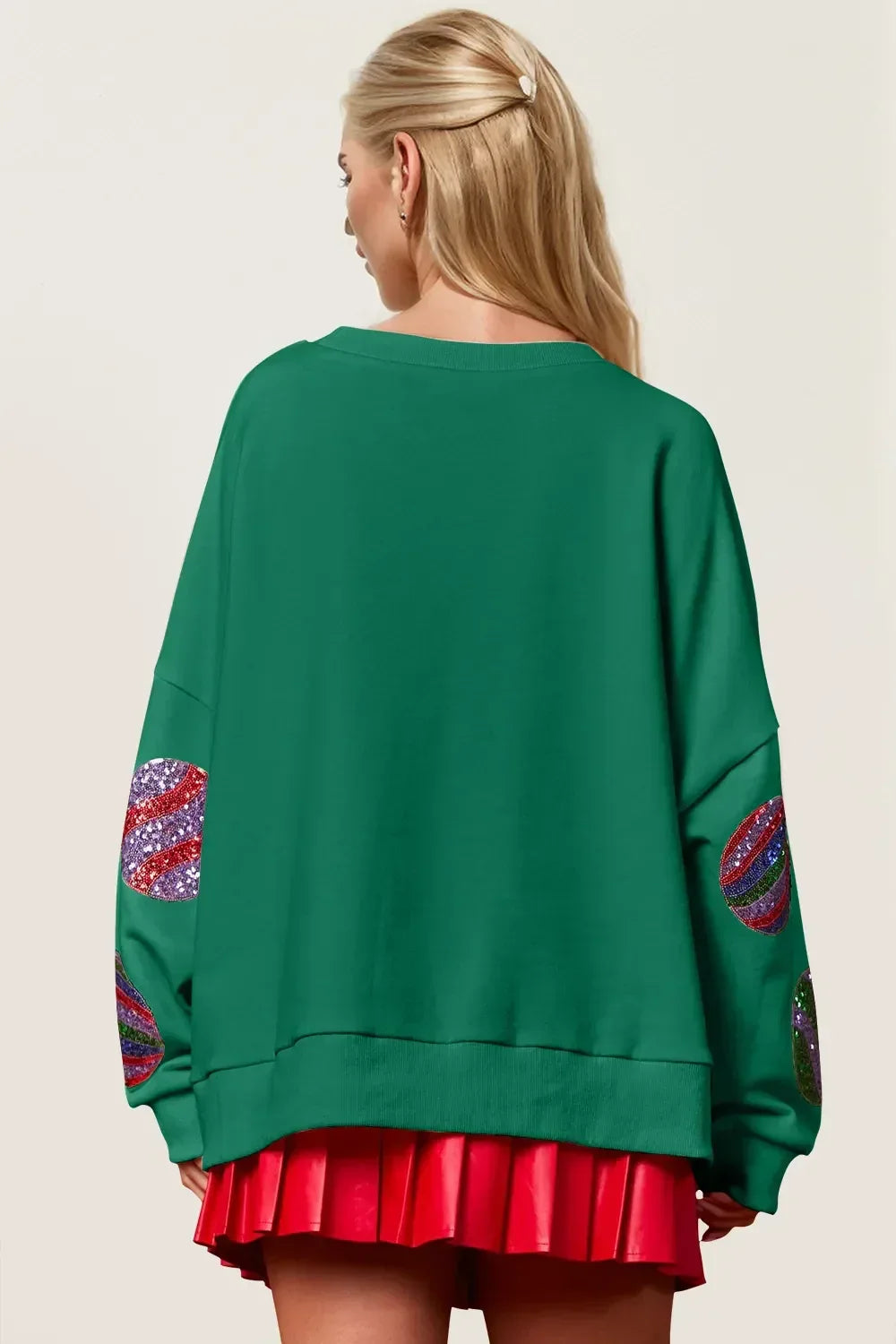 Double Take Christmas Element Sequin Round Neck Long Sleeve Sweatshirt - DAVERRI FASHIONS