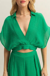 HYFVE Green Kimono Sleeve Crop Top and Wide Leg Pants Set | Outfit Sets Daverri Fashions