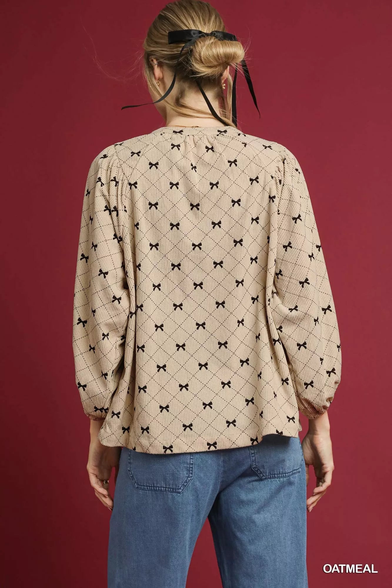Umgee Corduroy Bow Print Balloon Sleeve Blouse | Blouses Daverri Fashions