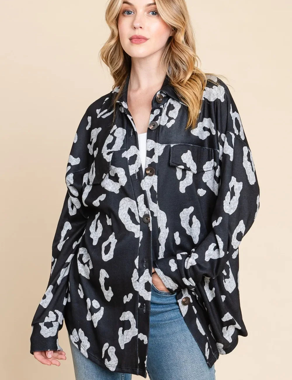 Black and white leopard print BOMBOM shacket with oversized sleeves