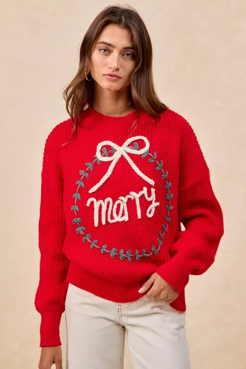 BiBi Christmas Wreath Merry Letter Knit Top - DAVERRI FASHIONS