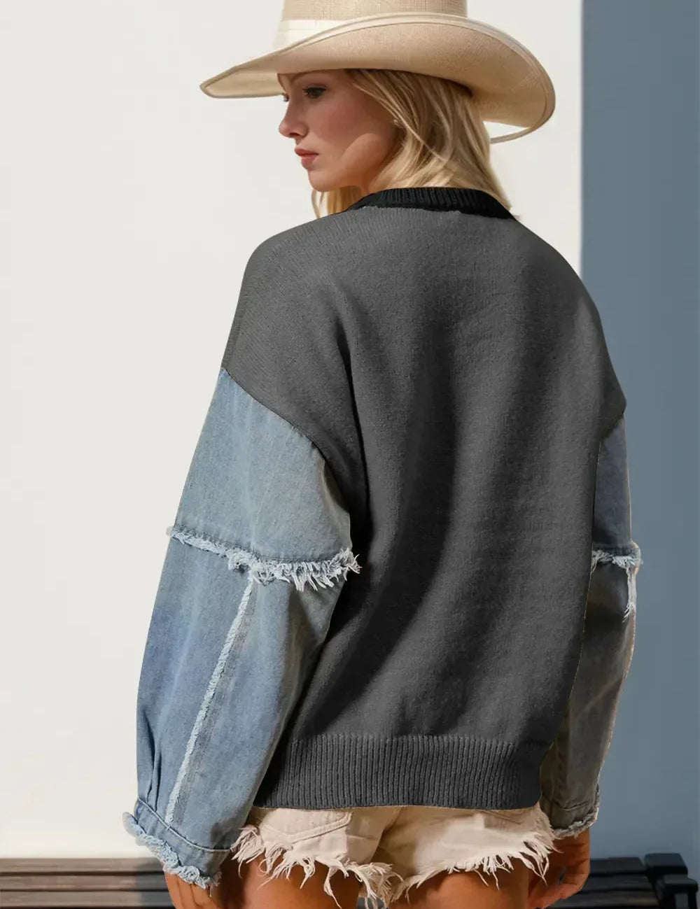 Double Take Full Size Star Pattern Raw Edge Long Sleeve Sweater - DAVERRI FASHIONS