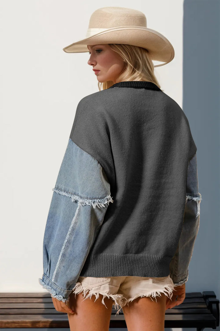 Double Take Full Size Star Pattern Raw Edge Long Sleeve Sweater Sweaters