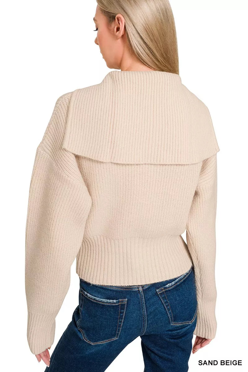 Zenana Ribbed Collared Zip Up Sweater Cardigan | Daverri Fashions