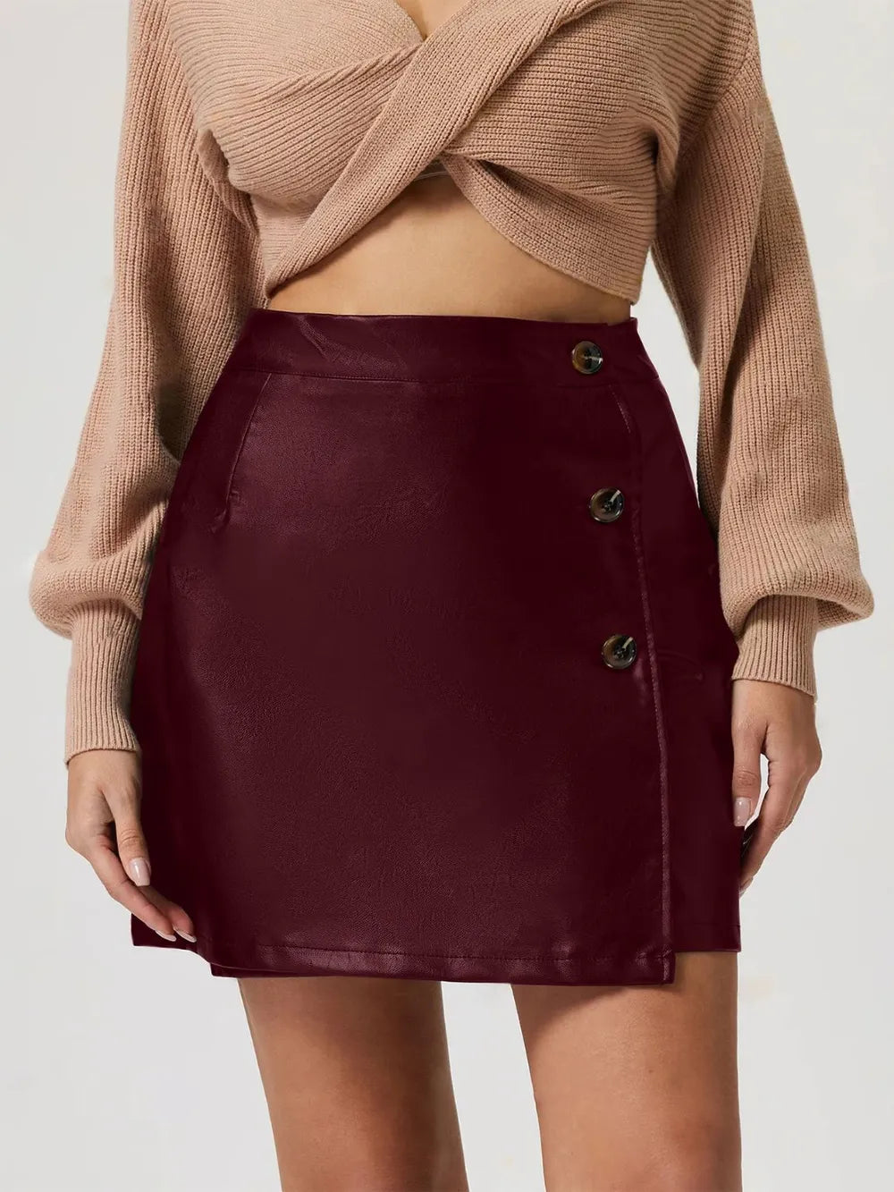Burgundy Buttoned High Rise Mini Skirt | Skirts Daverri Fashions