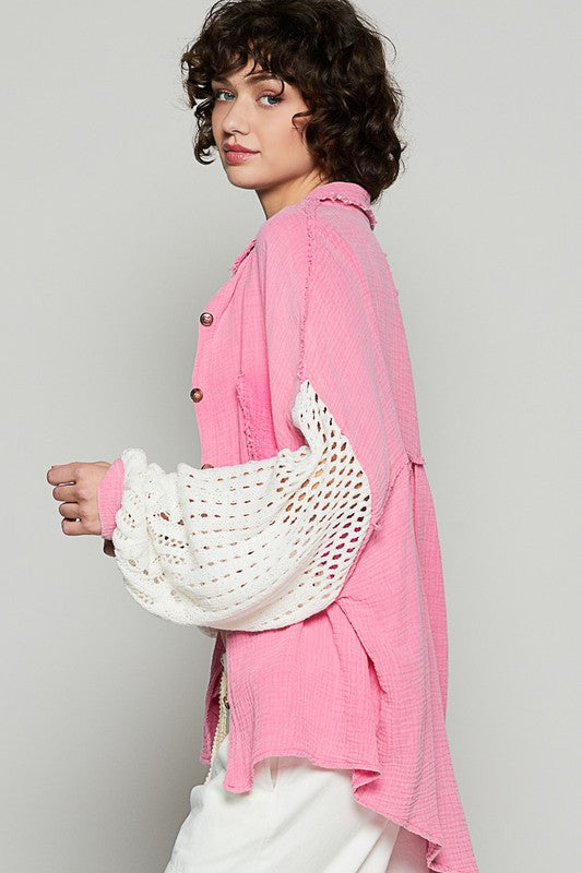 Openwork Lantern Sleeve Button Down Gauze Shirt Tops