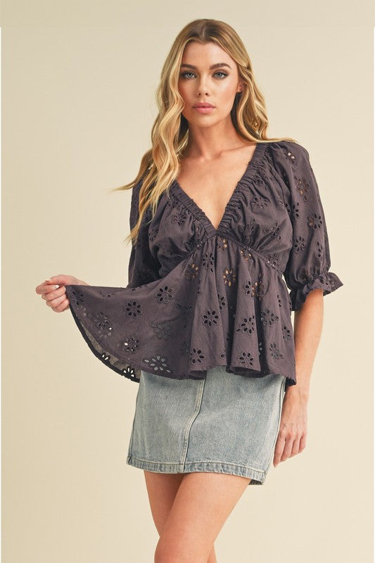 Aemi + Co Eyelet Embroidered V-Neck Half Sleeve Peplum Blouse Blouses