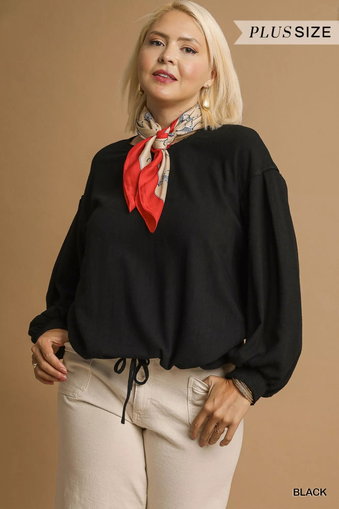 Umgee Full Size Linen Long Sleeve Top with Drawstring Plus Size | Blouses Daverri Fashions