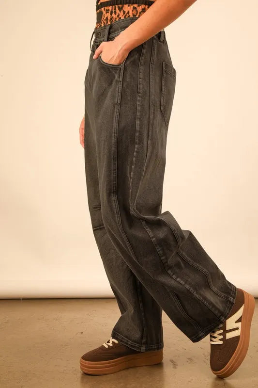 VERY J dark gray wide-leg comfy denim jeans with visible stitching