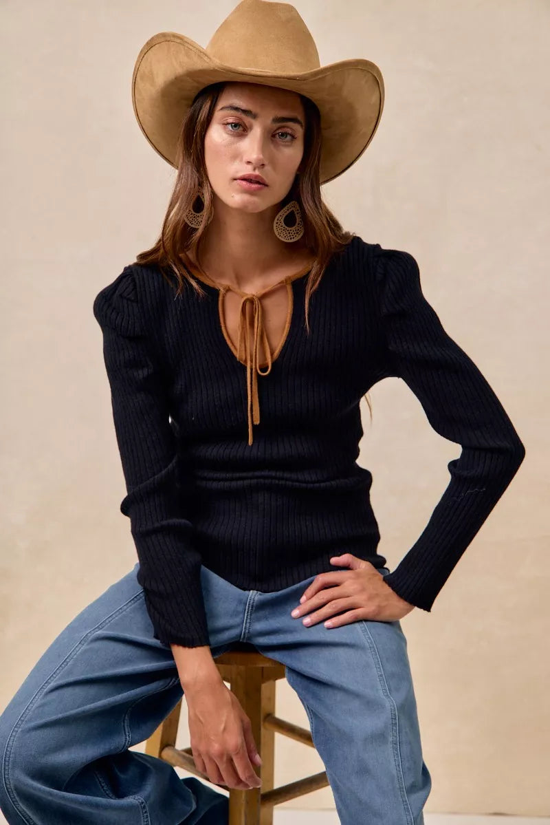 BiBi Ribbed Contrast Front Tied Shirred Fabric Top | Tops Daverri Fashions
