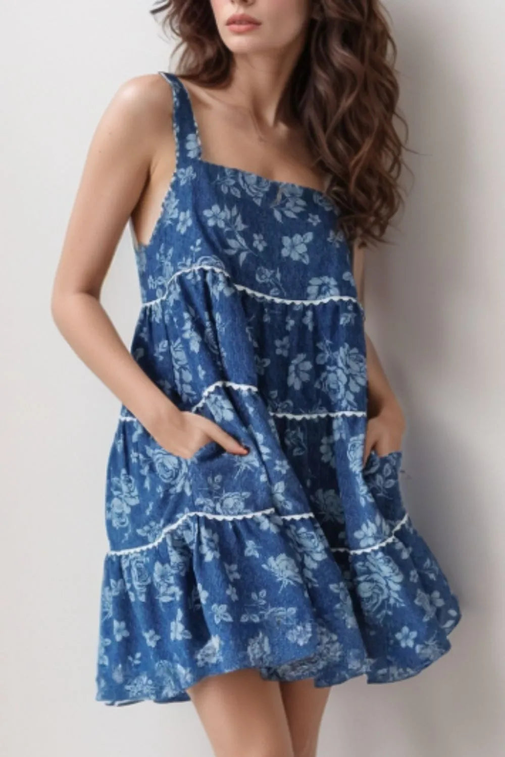 Blue floral tiered square neck denim sundress with lace trim
