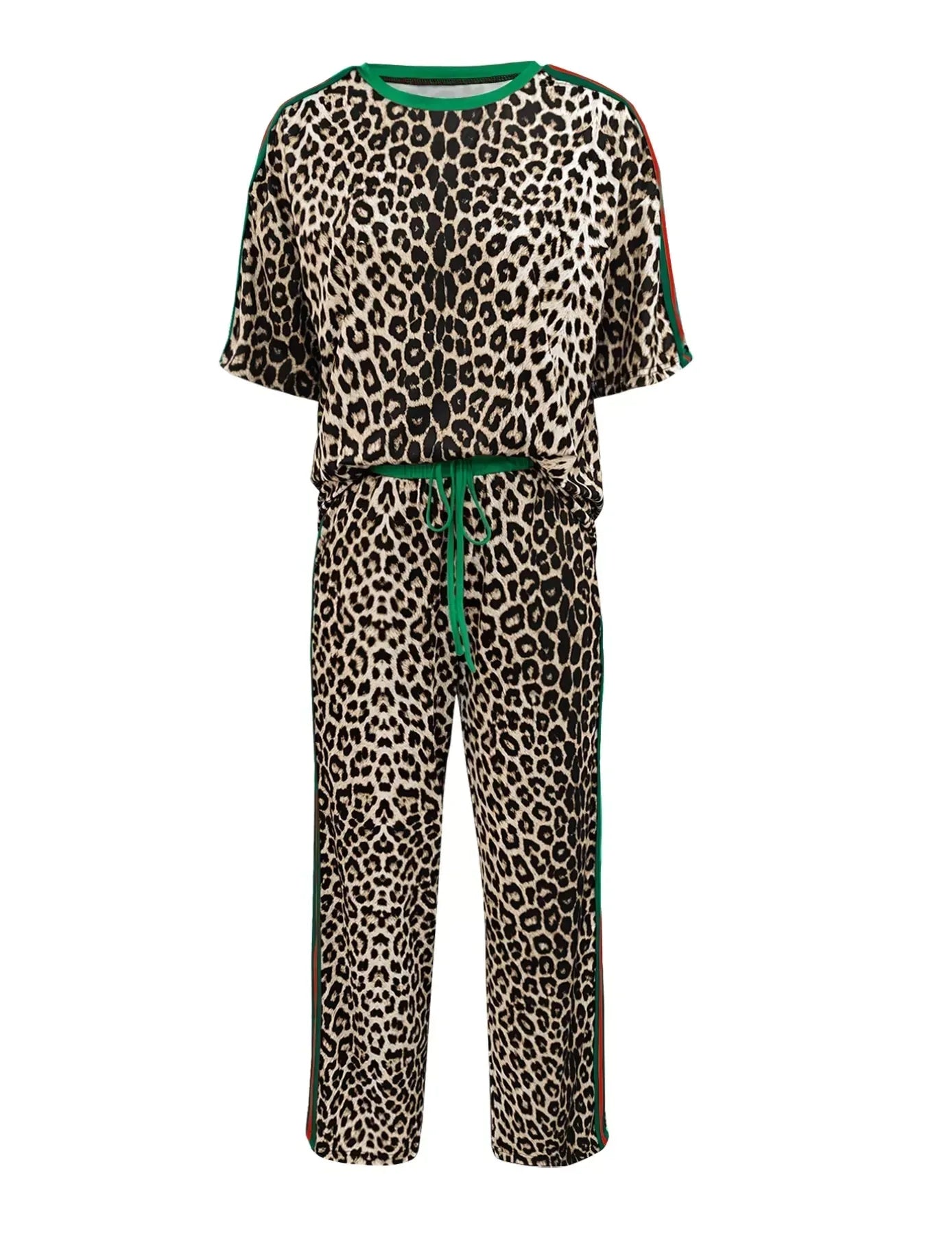Leopard Round Neck Top and Pants Two-Piece Set - DAVERRI FASHIONS
