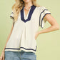 Umgee Linen Ruffle Sleeve Top in oatmeal with navy v-neck trim