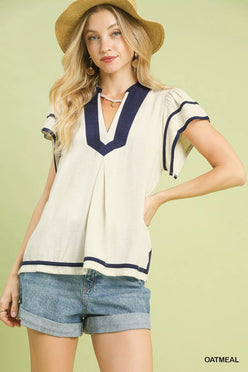 Umgee Linen Ruffle Sleeve Top in oatmeal with navy v-neck trim