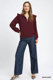 Umgee Luxeknit Ruffle Shoulder Quarter-Zip Sweatshirt | Sweatshirts Daverri Fashions