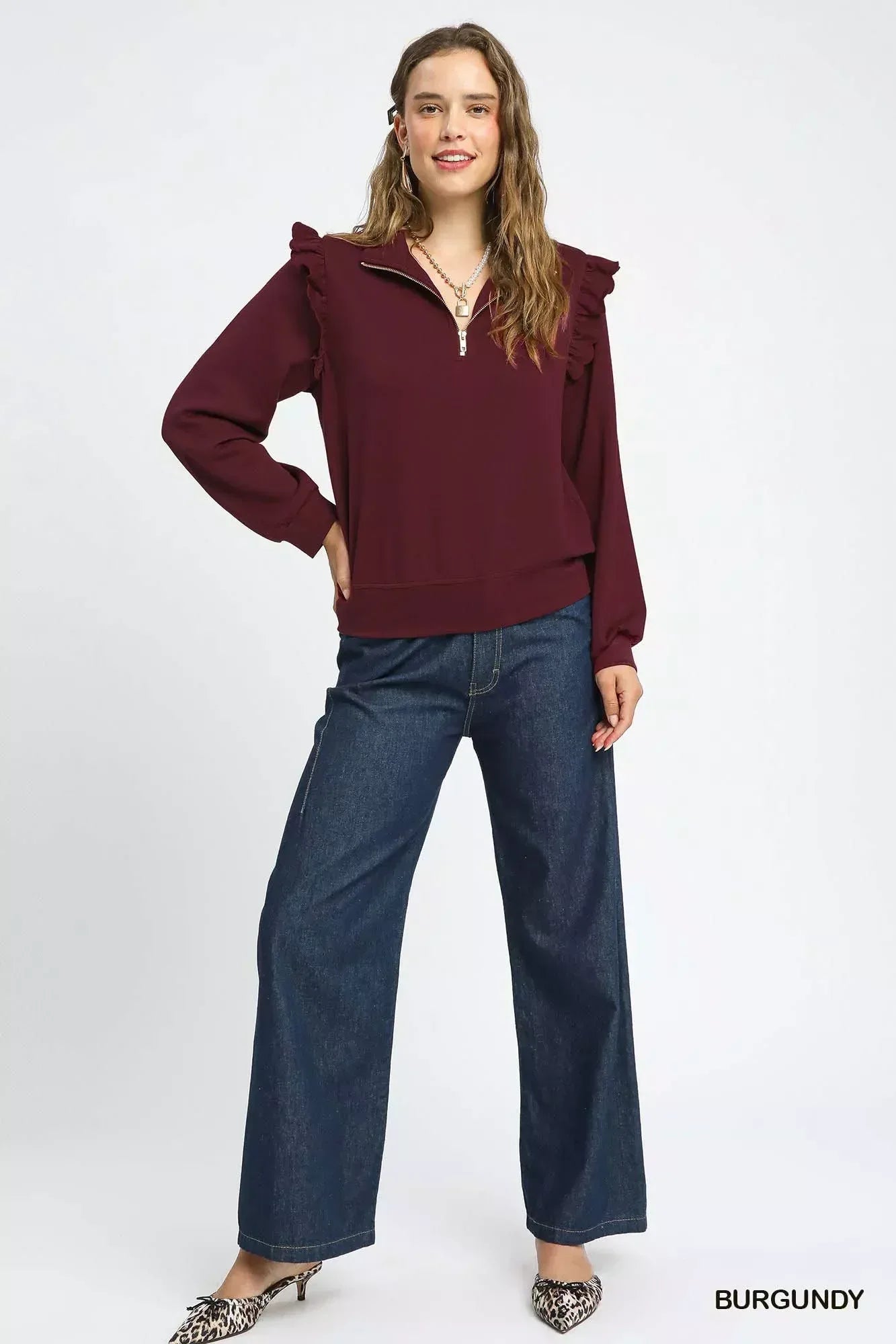Umgee Luxeknit Ruffle Shoulder Quarter-Zip Sweatshirt - DAVERRI FASHIONS