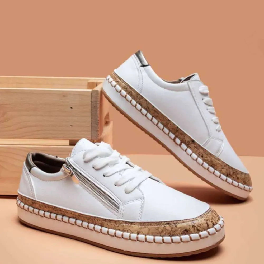 White PU Leather Round Toe Flats Sneakers | Daverri Fashions