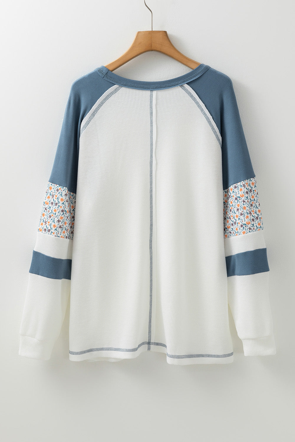 White Floral Patchwork Waffle Knit Raglan Top | Tops/Long Sleeve Tops Daverri Fashions