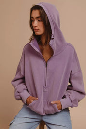 BiBi Stitch Detailed Elastic Hem Half Zip Fleece Hoodie Periwinkle | Hoodies Daverri Fashions