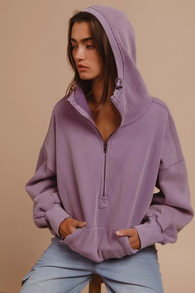 BiBi Stitch Detailed Elastic Hem Half Zip Fleece Hoodie | Hoodies Daverri Fashions