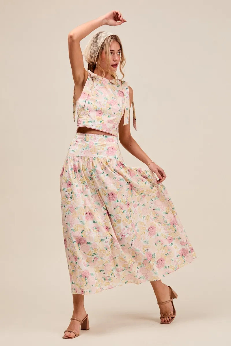 SO ME Floral Printed Woven Shoulder Bow Tie Top and Skirt Set Outfit Sets