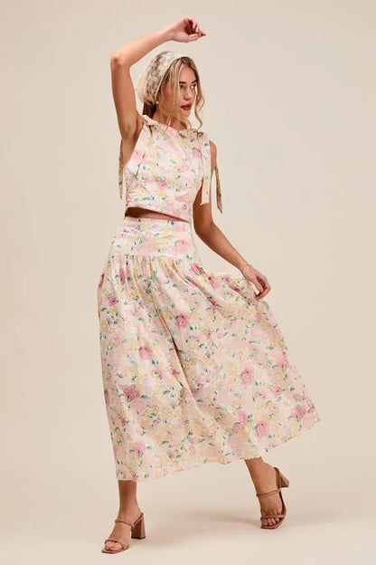 SO ME Floral Printed Woven Shoulder Bow Tie Top and Skirt Set - DAVERRI FASHIONS