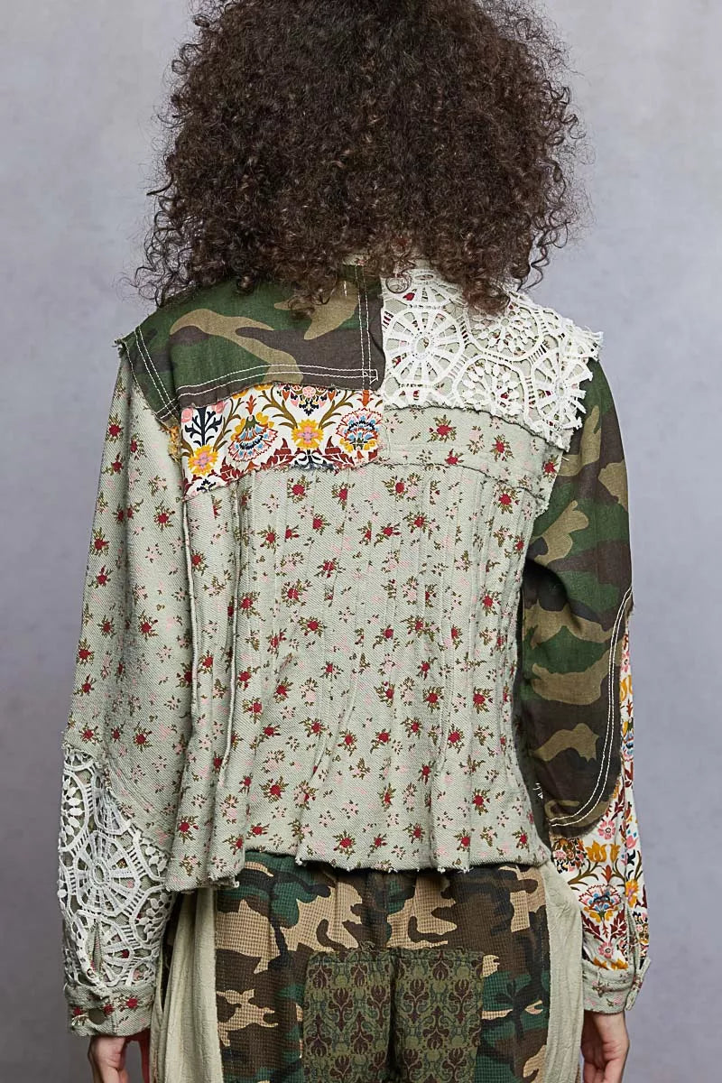 POL Floral Printed French Terry Jacket with Crochet Contrast | Jackets Daverri Fashions