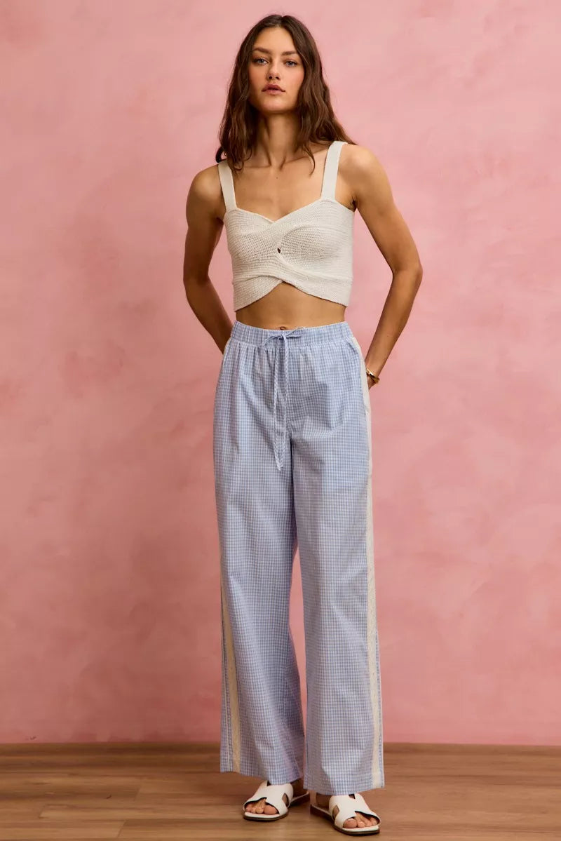 SO ME wide check pants with light blue gingham, lace trim, drawstring waist