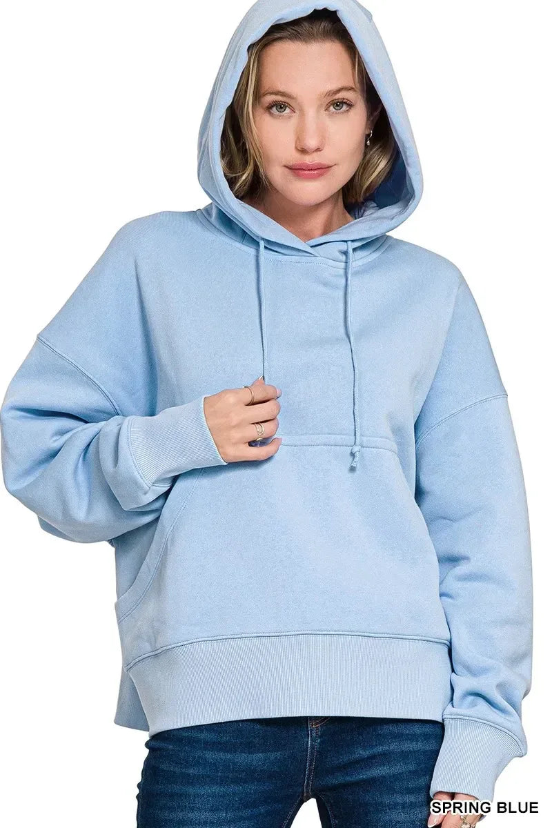 Zenana Oversized Fleece Kangaroo Pocket Hoodie Spring Blue - DAVERRI FASHIONS
