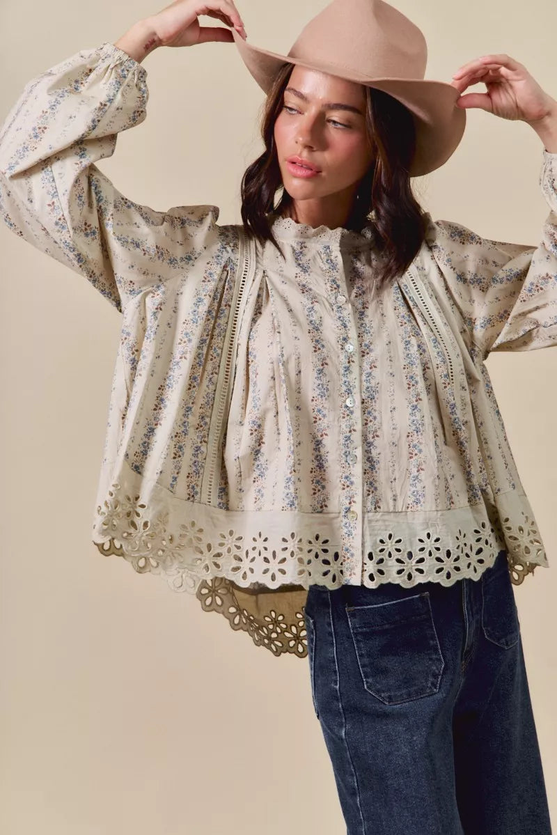 SO ME Floral Print Lace Button Down Shirt | Daverri Fashions