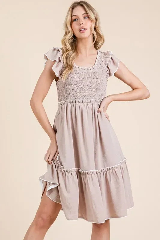 Lime 'N' Chili Ruffle Trim Smocked Dress with Contrast - DAVERRI FASHIONS