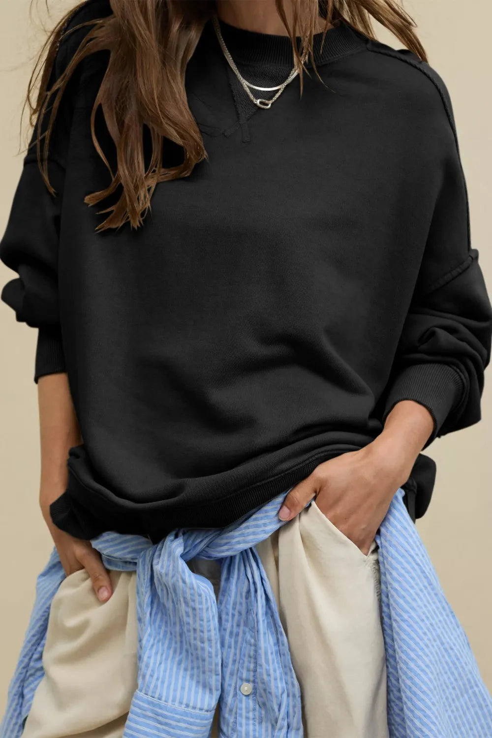 Side Slit Round Neck Long Sleeve Sweatshirt | Sweatshirts Daverri Fashions