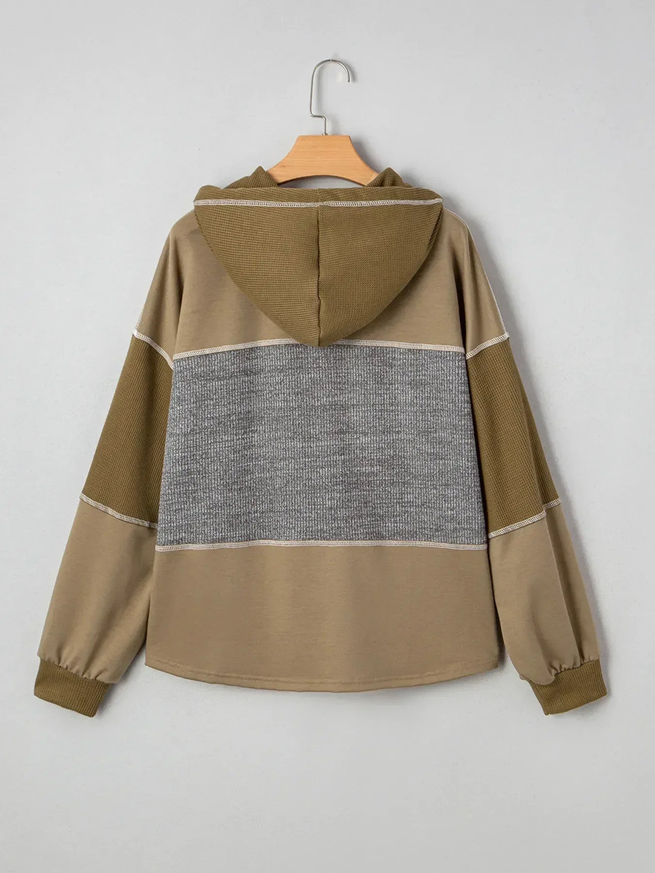 Mixed Texture Patchwork Exposed Seam Half Button Hoodie - DAVERRI FASHIONS