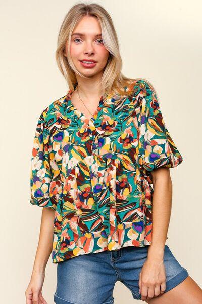 Haptics Full Size Frill Floral Puff Sleeve Peplum Blouse Blouses