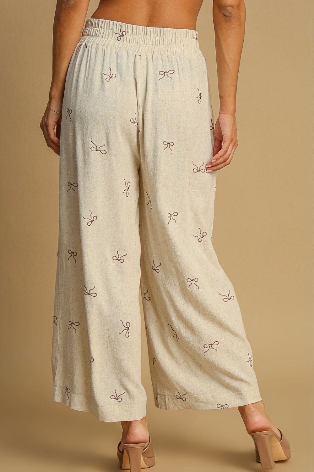 Umgee Lace Drawstring Embroidered Bow Wide Leg Pants Pants