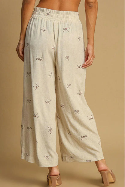 Umgee Lace Drawstring Embroidered Bow Wide Leg Pants - DAVERRI FASHIONS