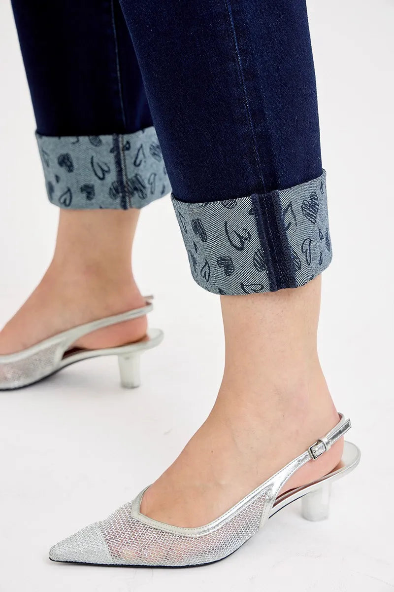 RISEN Full Size Mid Rise Fit Crop Wide With Printed Cuff Jeans Jeans