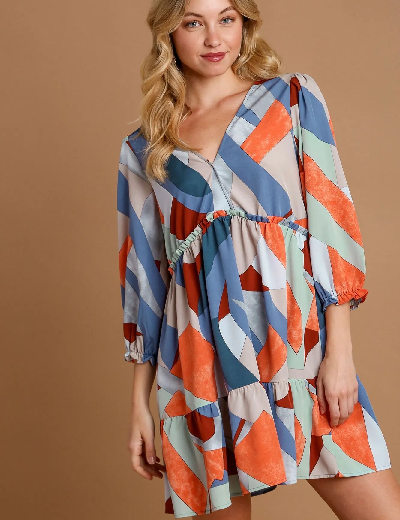 NAVY MIX S Umgee Abstract V-Neck Tiered Printed Dress | Daverri Fashions