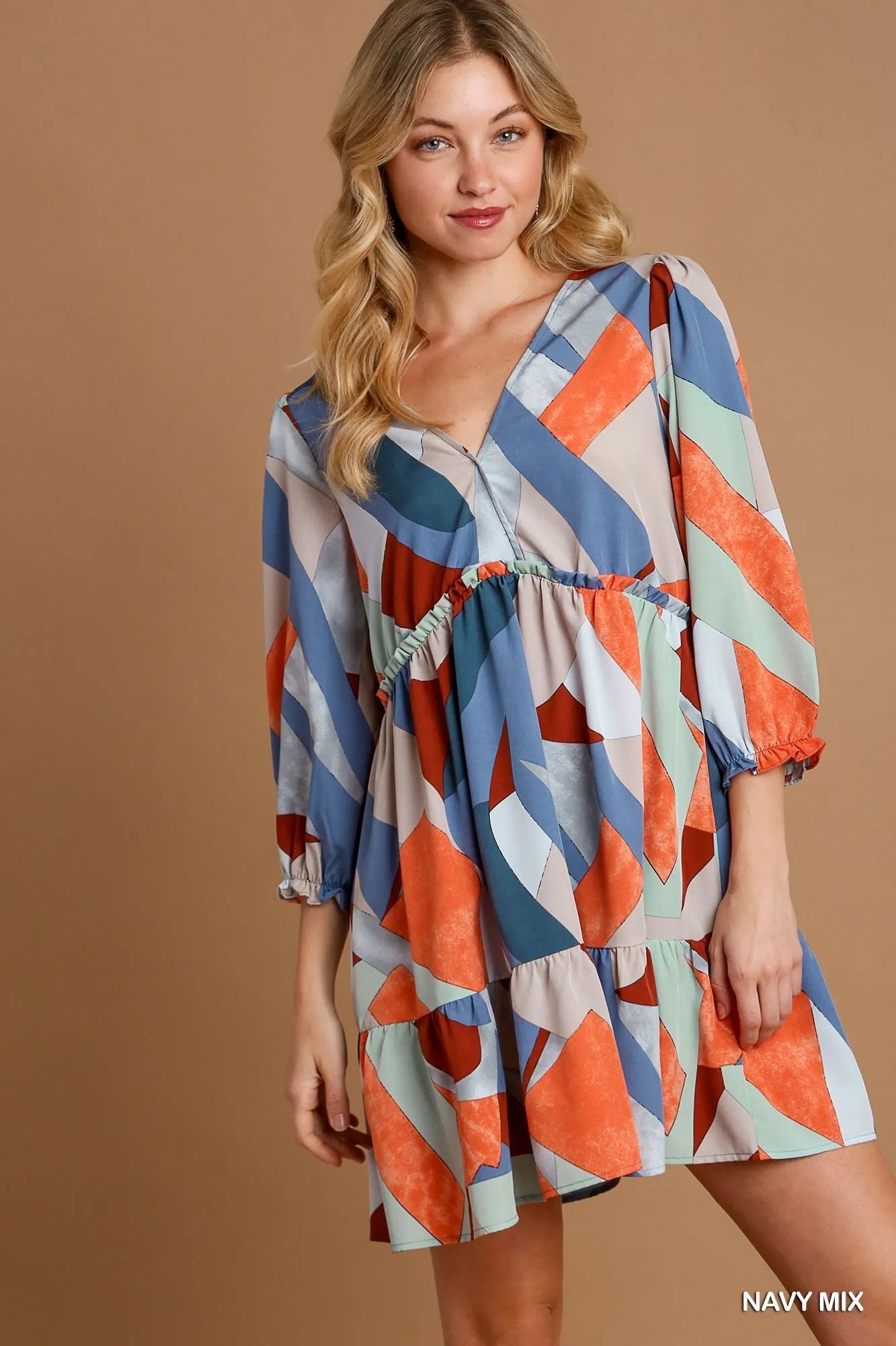 Umgee Abstract V-Neck Tiered Printed Dress NAVY MIX