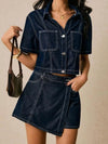 Dark blue denim short-sleeve button-up shirt from Button Up Top and Skort Set