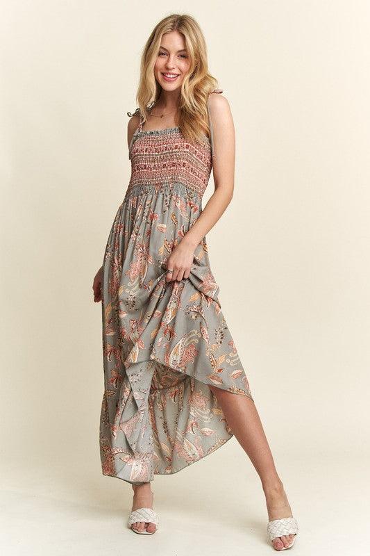 ADORA Smocked Printed Square Neck Tie Shoulder Cami Dress SAGE M Cami Dresses