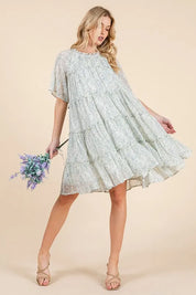 IVORY COMBO Lime 'N' Chili Ditsy Floral Print Sheer Ruffle Detail Mini Dress | Daverri Fashions